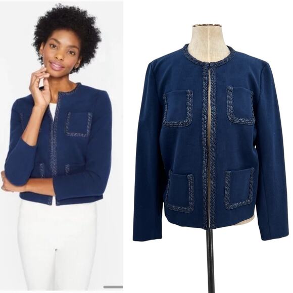 J. Mclaughlin Fanning Jacket Blazer Braided Trim Navy Blue Size Large - Picture 1 of 12